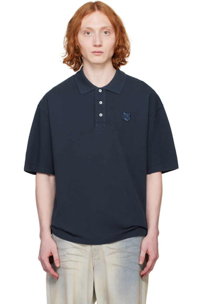 

Поло большого размера с нашивкой в ​​виде головы лисы темно-синего цвета Maison Kitsuné