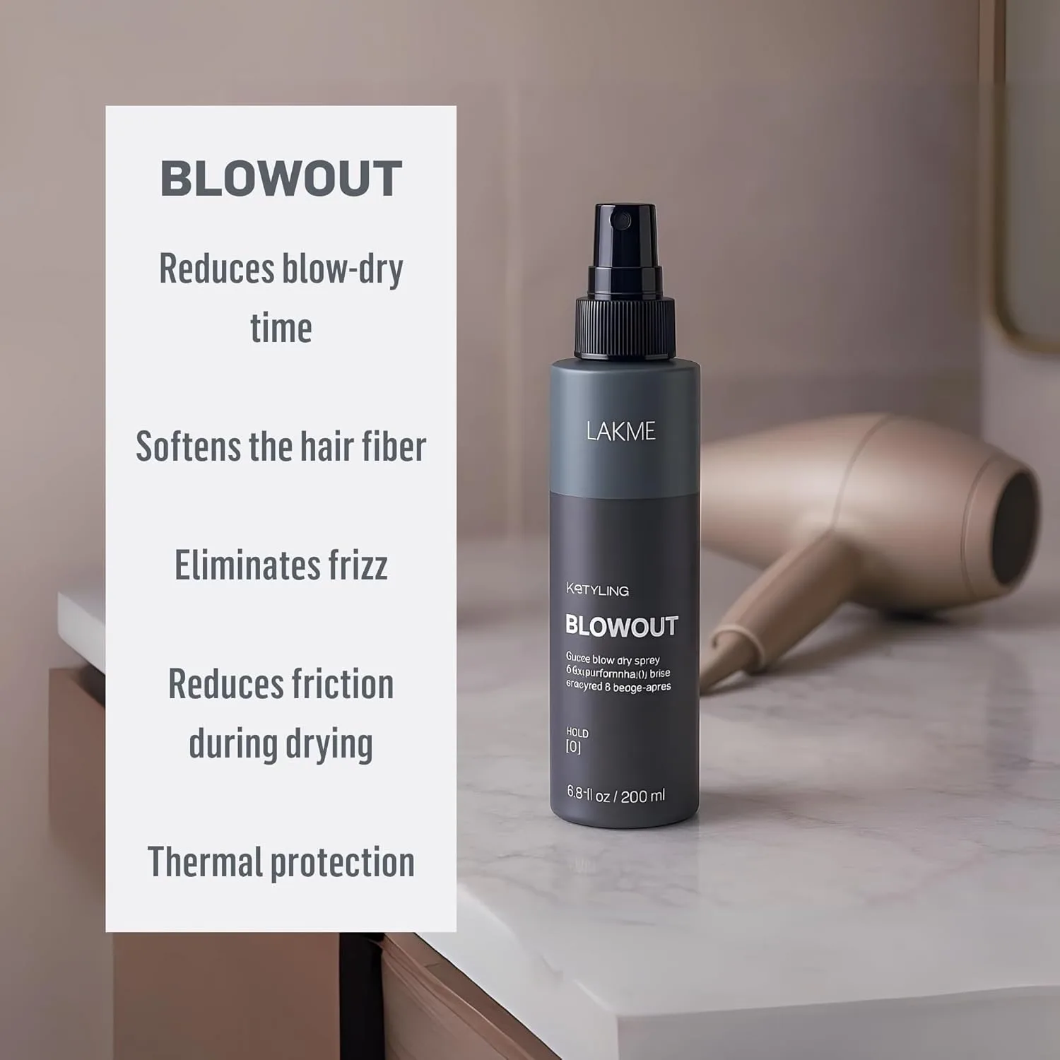 Спрей для укладки волос LAKMÉ K.Styling Blowout, термозащитный спрей для волос, контроль над пушистостью, 6,8 жидких унций. — фото 3