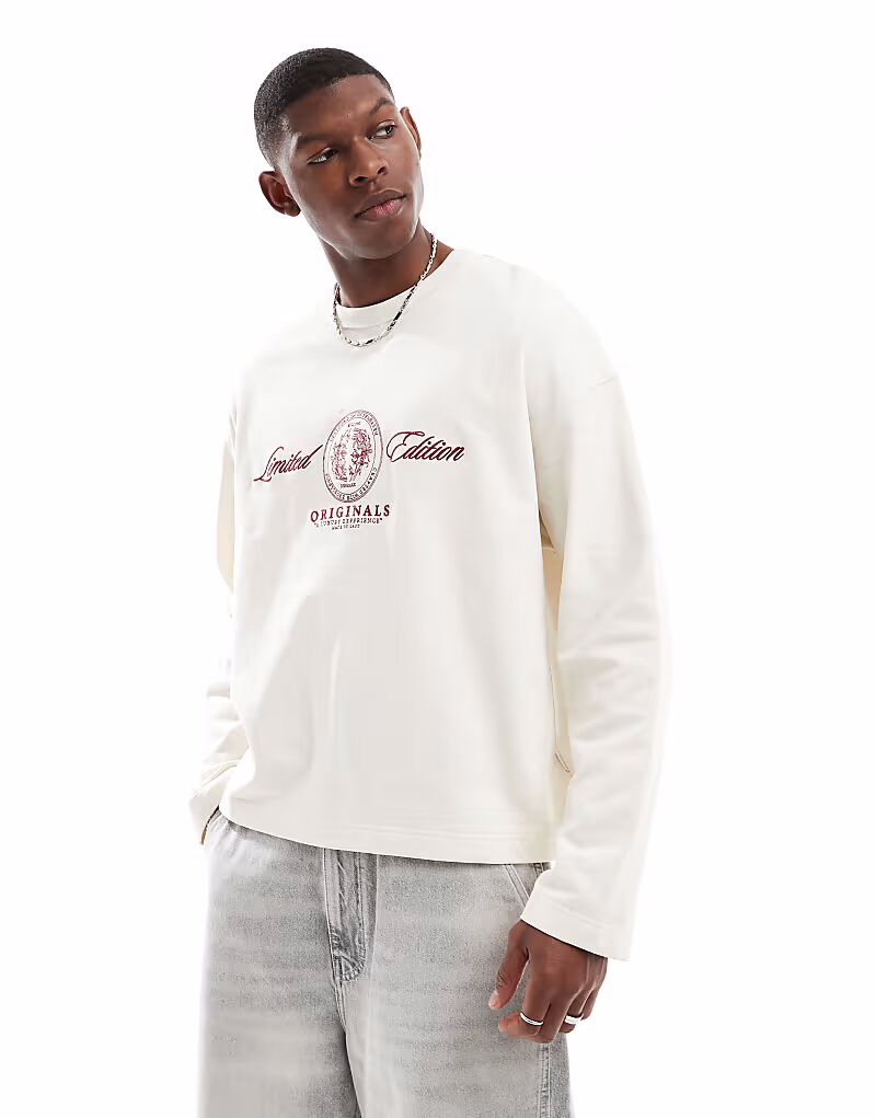 

Футболка Jack & Jones heavyweight с длинными рукавами и вышитым логотипом в кремово-белом цвете