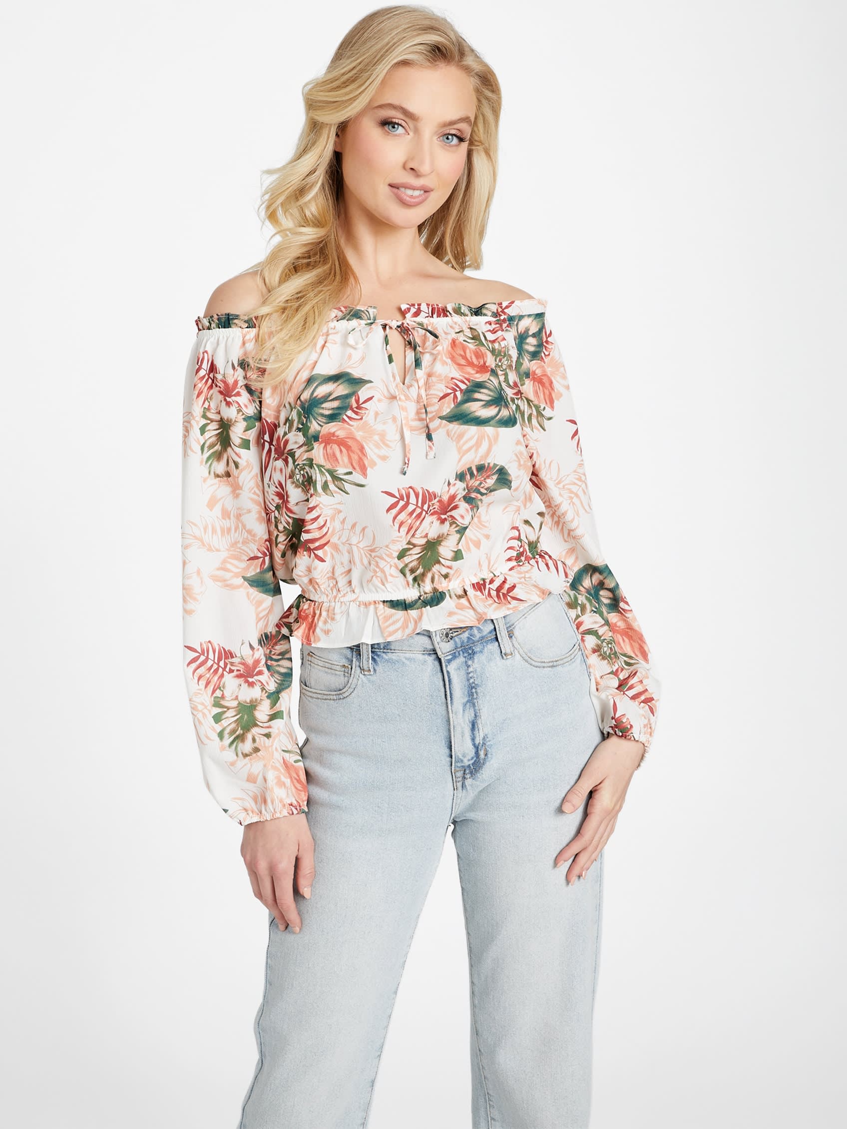 

Топ Gallia с открытыми плечами Guess Factory, цвет sweet coral tropical infu