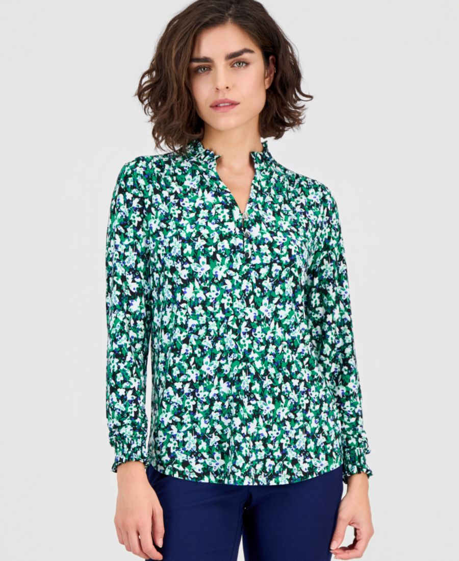 

Укороченный топ с оборками на воротнике и присборенными манжетами AK Anne Klein, Emerald Mint Multi