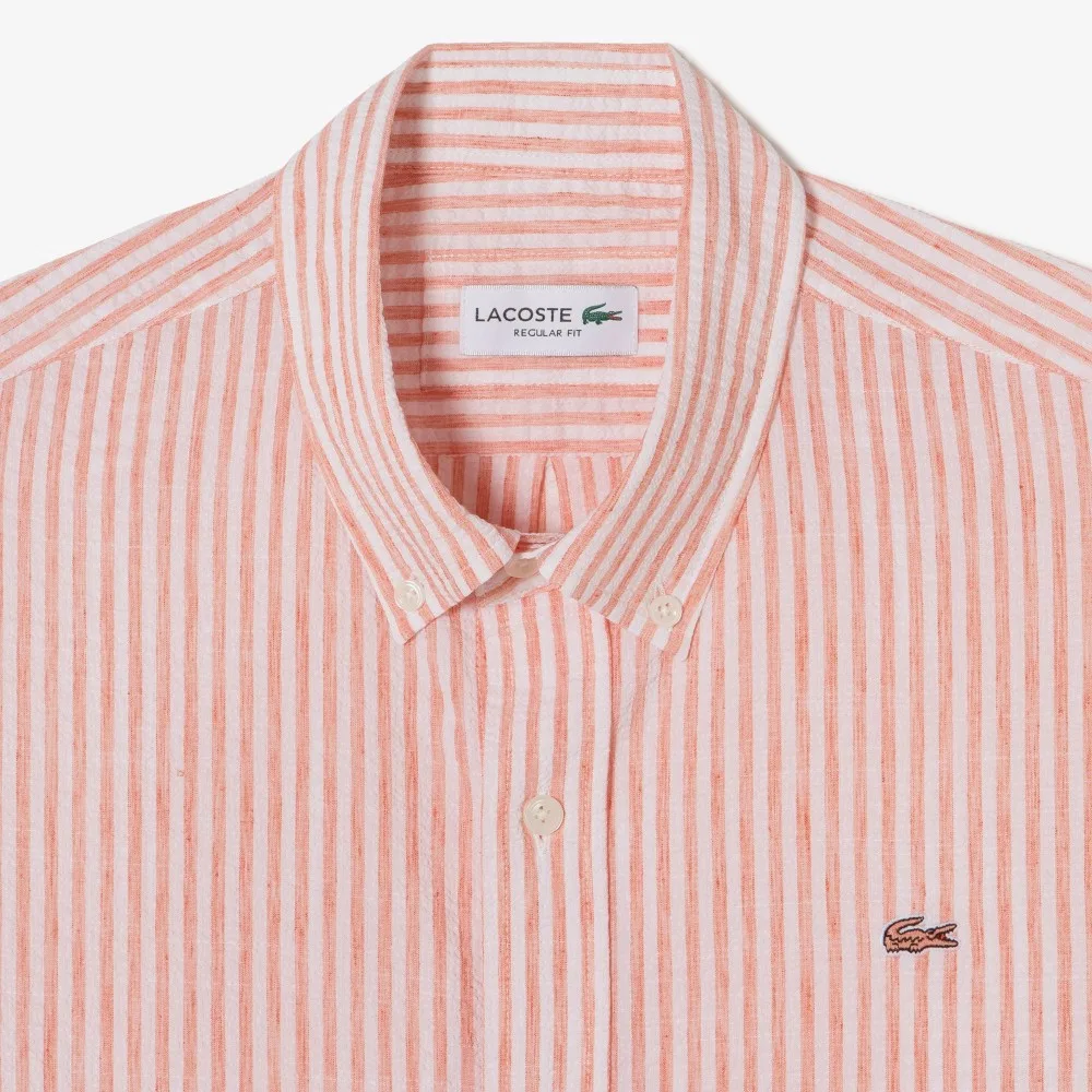 Мужская розовая рубашка в полоску из смесового льна от Lacoste — фото 3