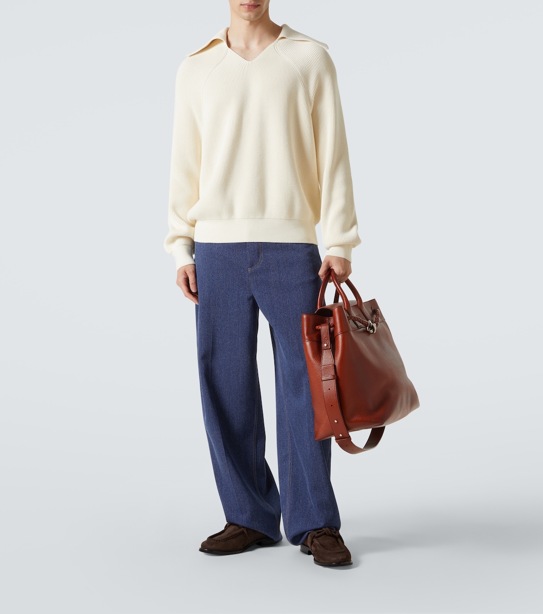 Хлопковый поло-свитер с рельефной вязкой Bottega Veneta, Chalk — фото 2
