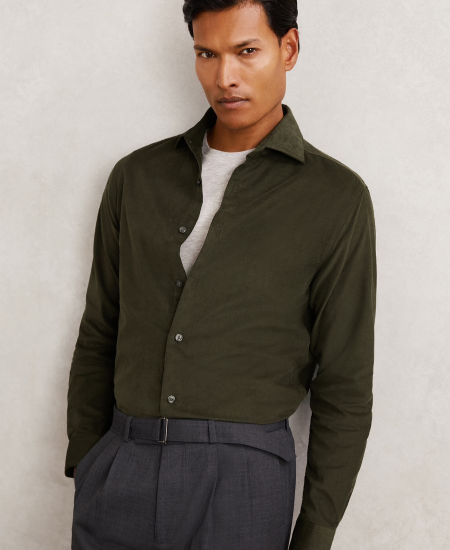 

Мужская рубашка из хлопкового вельвета с отложным воротником REISS, Dark Green