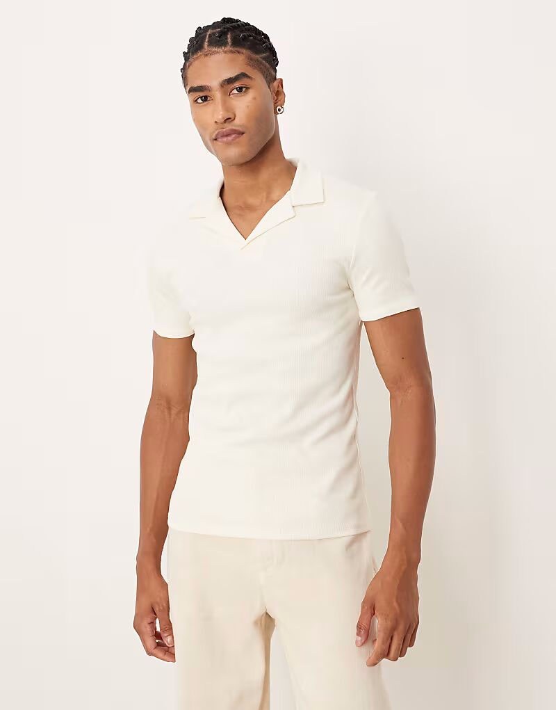 

Поло облегающего кроя с глубоким вырезом и кремовым рубчиком Asos Design, Бежевый, Поло облегающего кроя с глубоким вырезом и кремовым рубчиком Asos Design