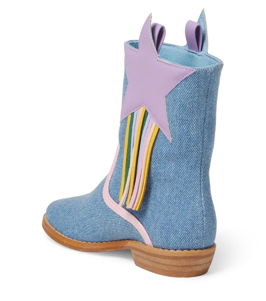 Ковбойские сапоги из джинсовой ткани с бахромой Stella McCartney Kids, синий — фото 3