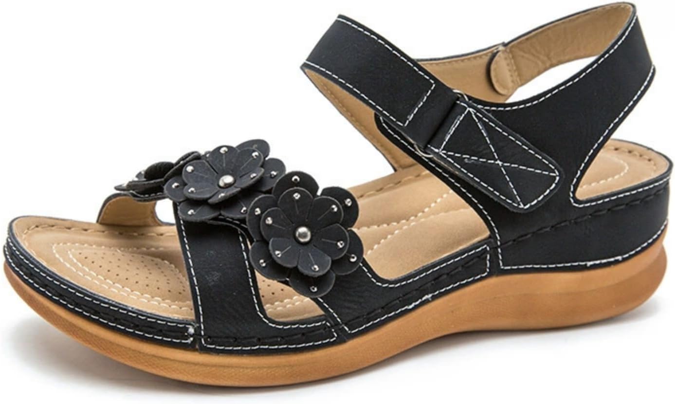 

Женские ортопедические сандалии для ходьбы, удобные нарядные повседневные туфли на платформе, сандалии на танкетке, ортопедическая поддержка свода стопы, с регулируемым ремешком на липучке Generic, черный