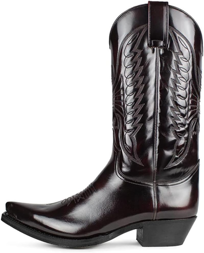 

CWHXLYNV Мужские ковбойские сапоги в стиле вестерн, модные сапоги с острым носком, на высоком каблуке, с вышивкой, стильная обувь для родео, темно-коричневый