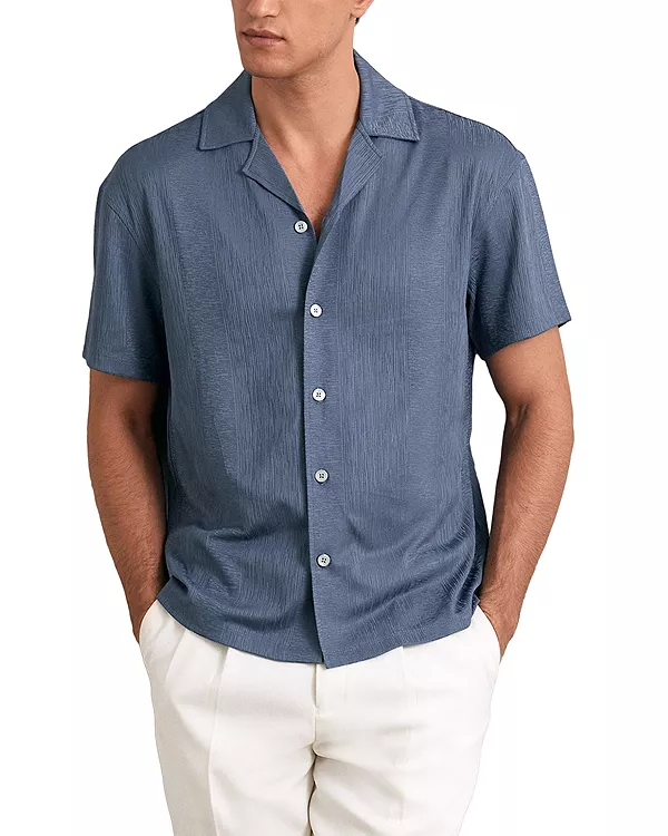 

Рубашка в полоску с жаккардовым узором, стандартного кроя, на пуговицах, с коротким рукавом, кубинская. Reiss, синий