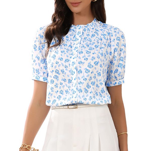 

Летняя блузка с цветочным принтом, рюшами на воротнике и короткими рукавами Inspire Chic