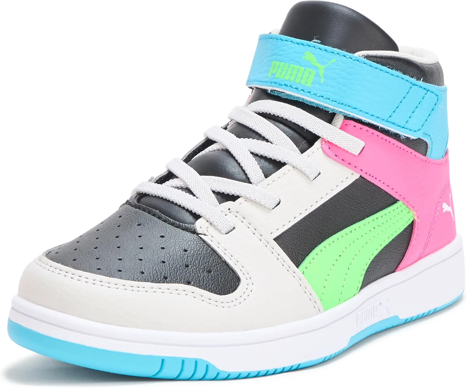 Кроссовки PUMA для детей Rebound Layup Mid на липучках, черный/зеленый/серый