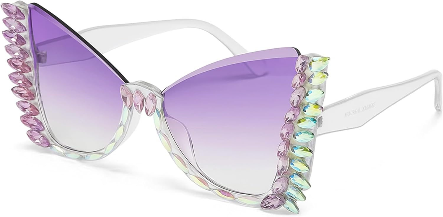 

bullabulling Модные солнцезащитные очки с бриллиантами и бабочками для женщин. Стильные очки в форме бабочки с кристаллами и стразами. Защита от ультрафиолета UV400, Purple