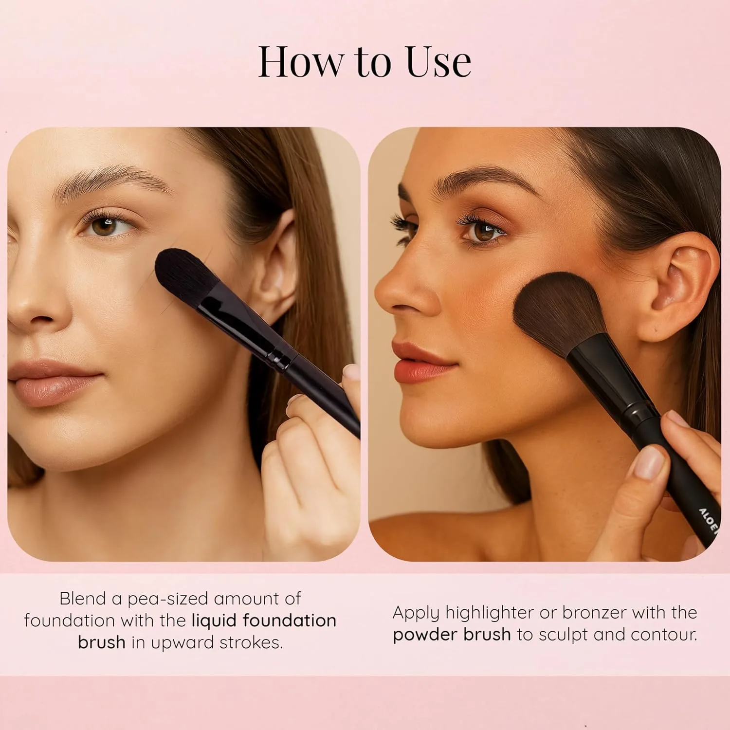 Набор кистей для макияжа Aloette Professional из 5 предметов: кисть для пудры, румян, жидкого тонального средства и 2 подводки для глаз, синтетические, cruelty free, Black — фото 4