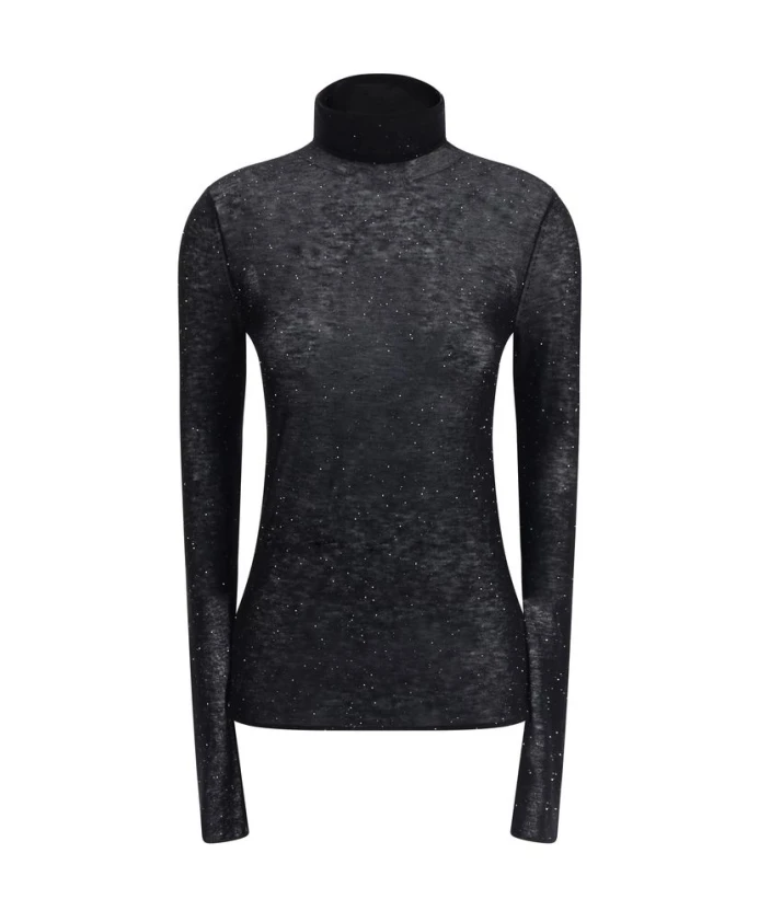 

Блестящий шерстяной топ с высоким воротником Pinko, черный