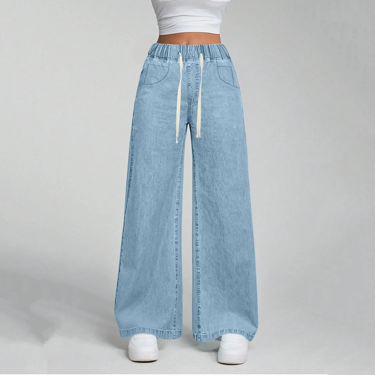 Женские джинсы на шнурке Stretchy Pull On High Waisted Baggy Boyfriend — фото 2