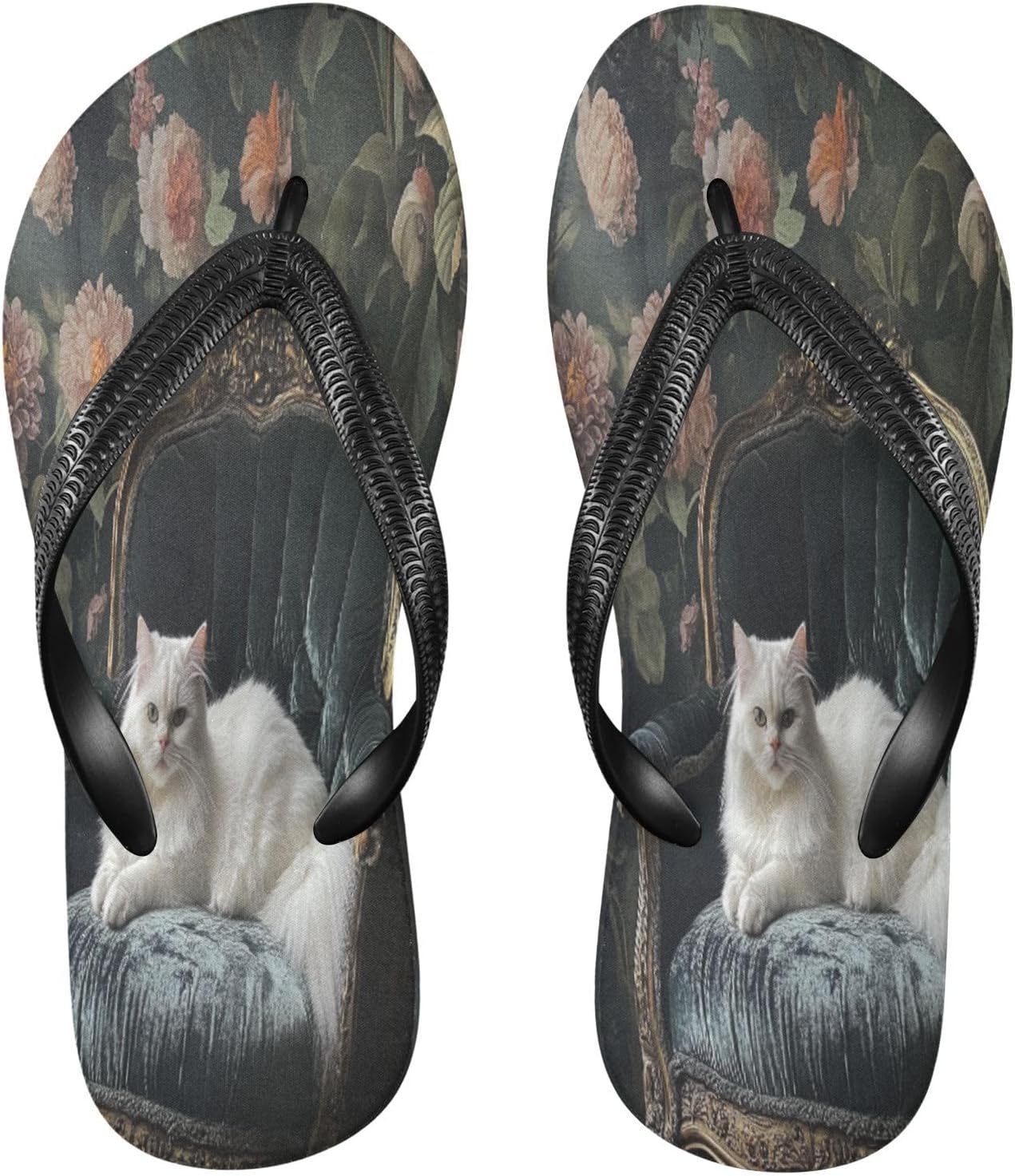 

Женские и мужские пляжные шлепанцы с цветочным узором и белой кошкой, резиновые, противоскользящие, для душа и прогулок, летние тапочки Sinestour