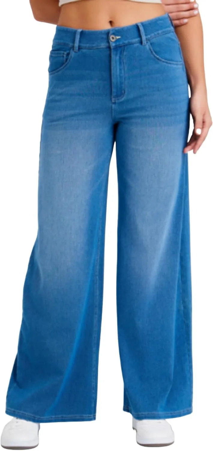 

Женские джинсы wide leg mid waist baggy в стираном дениме с карманами Lynroxia