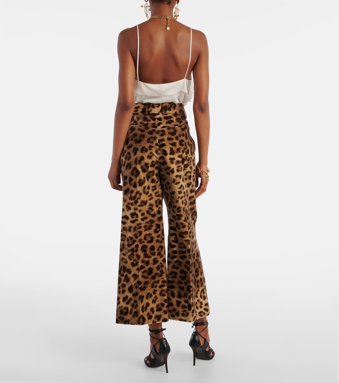 Расклешенные брюки из хлопкового бархата с леопардовым принтом Chloé, Worn Brown — фото 3