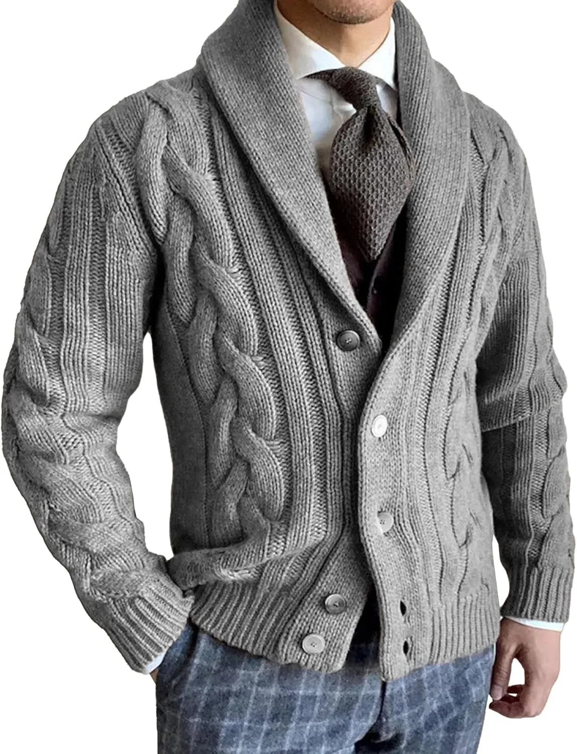 Мужской кардиган с шальным воротником, Slim Fit, кабельная вязка
