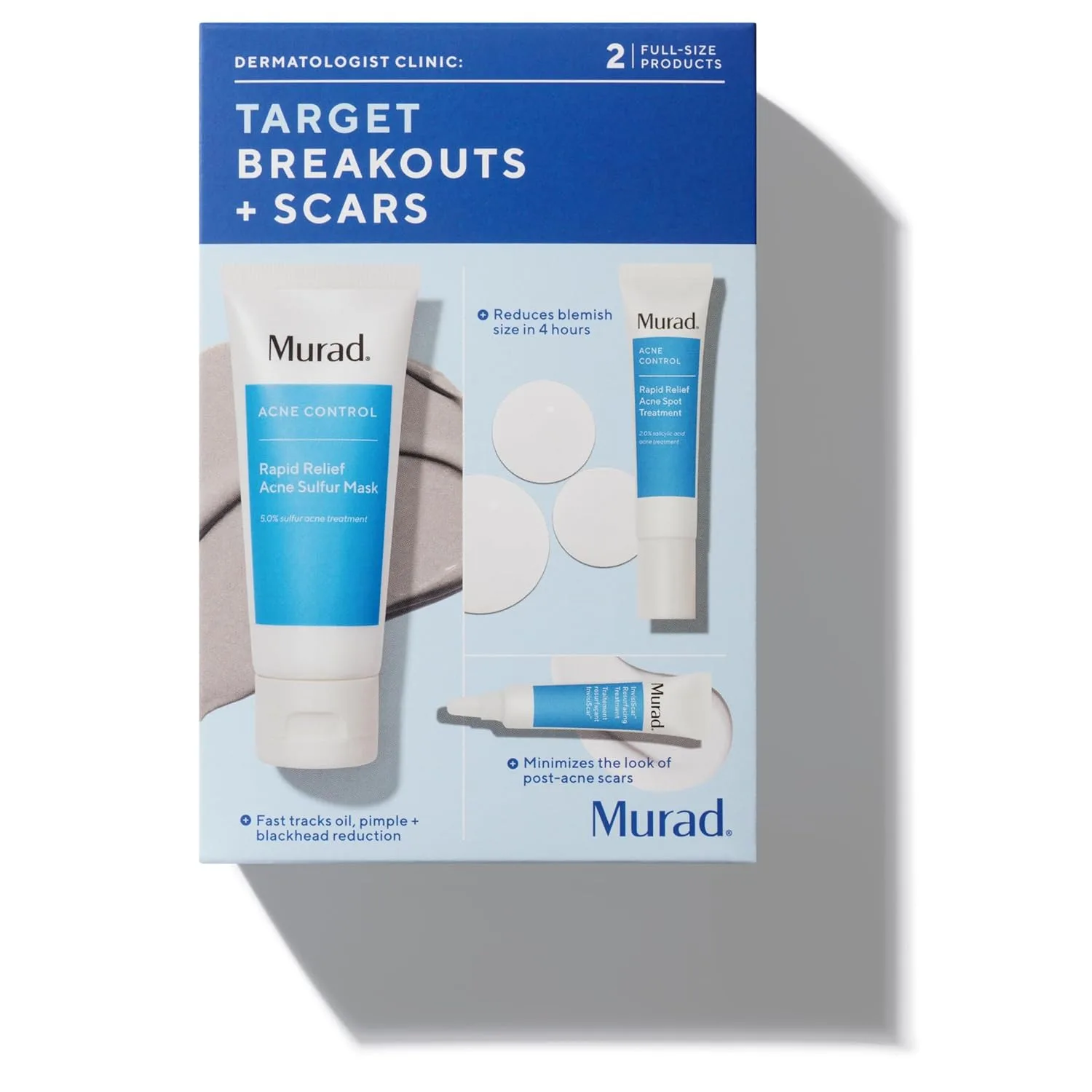 Murad Target Breakouts + Scars (набор из 3 предметов) - маска для лица с серой от акне, средство для точечного лечения акне, Invisiscar Resurfacing Treatment