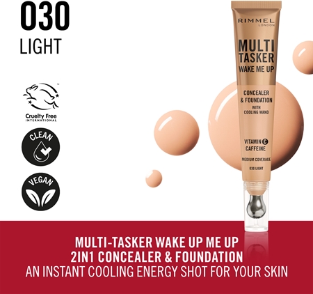 Тональный крем и консилер с осветляющим эффектом Rimmel Multi-Tasker Wake Me Up, 30 Light 20 ml — фото 3