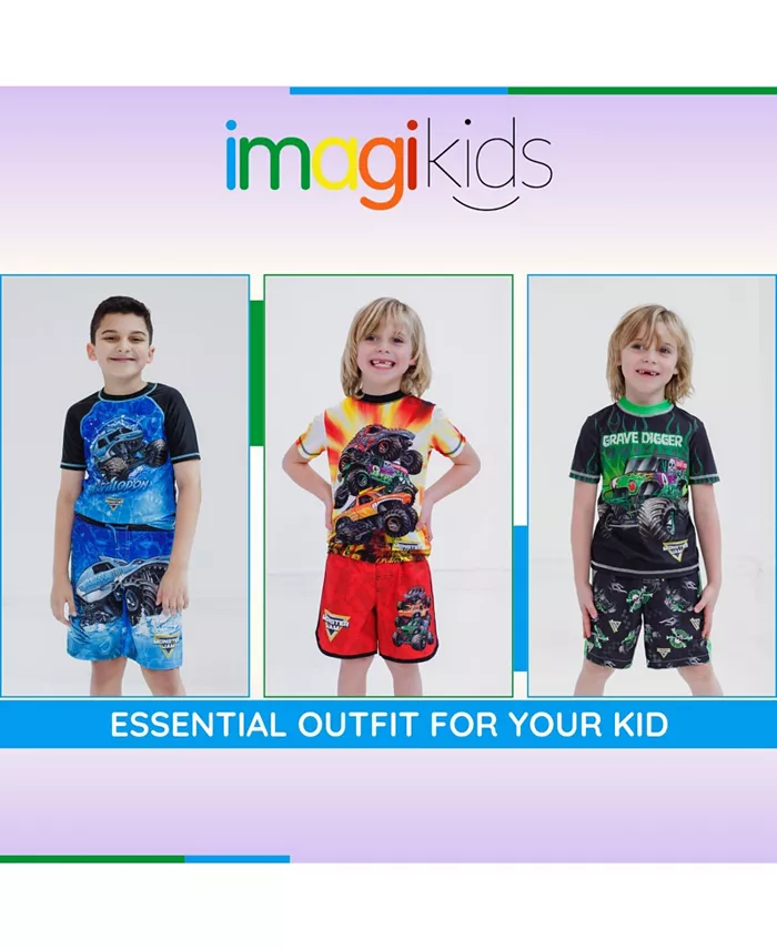 Детский комплект для плавания: худи-рашгард и шорты Boys Pullover Rash Guard and Swim Trunks Outfit Set Monster Jam, зеленый — фото 3