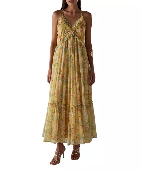 

Длинное струящееся платье из шифона с оборками Warehouse, мультиколор