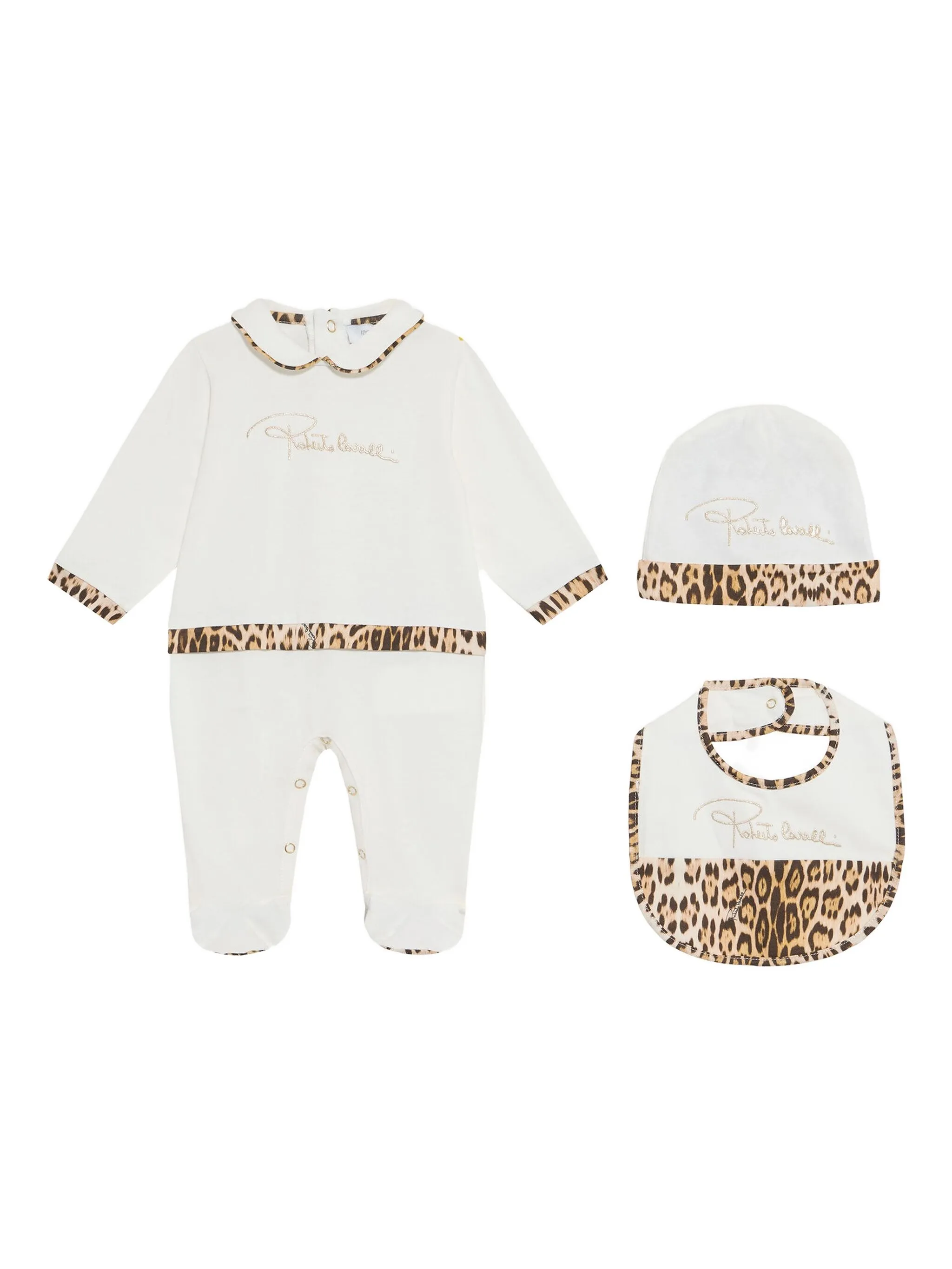 

Комплект для новорожденного с воротником Питер Пэн и леопардовым принтом Roberto Cavalli Junior, белый