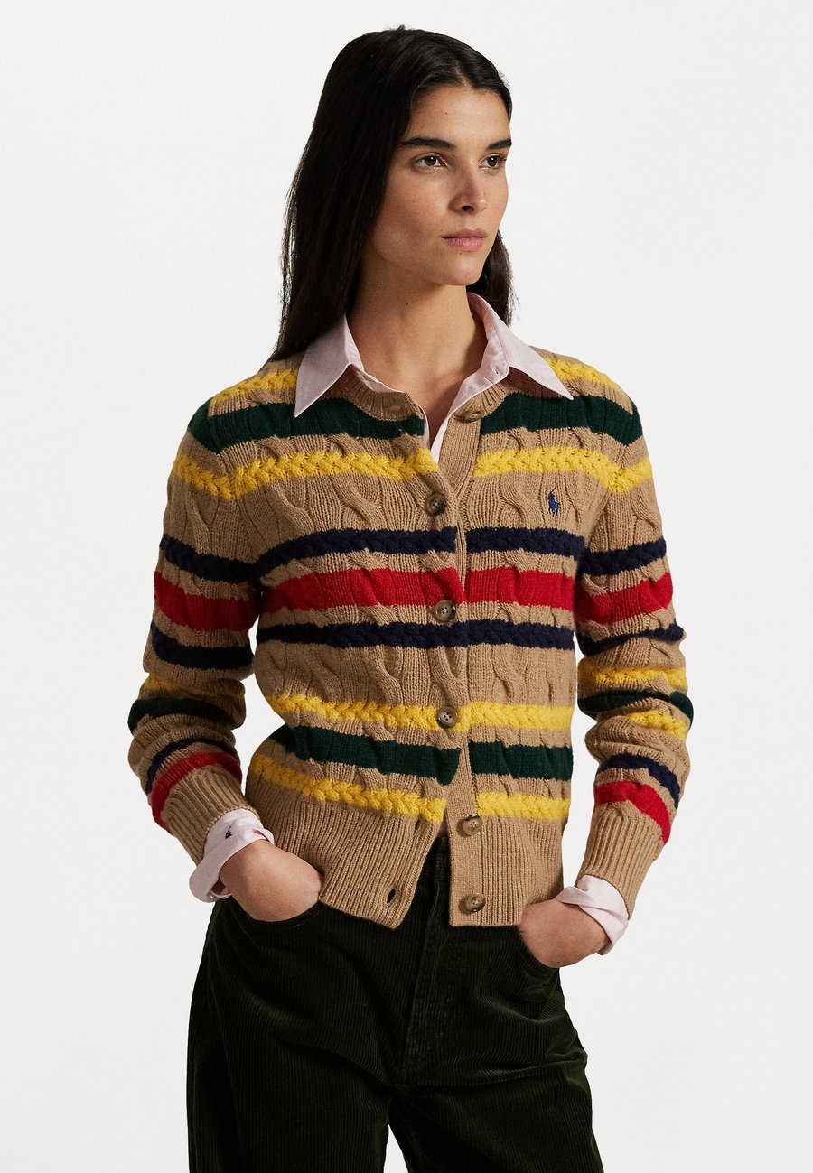 

Кардиган Polo Ralph Lauren STRIPED CABLE WOOL CASHMERE CARDIGAN, Camel Melange Multi/Camel