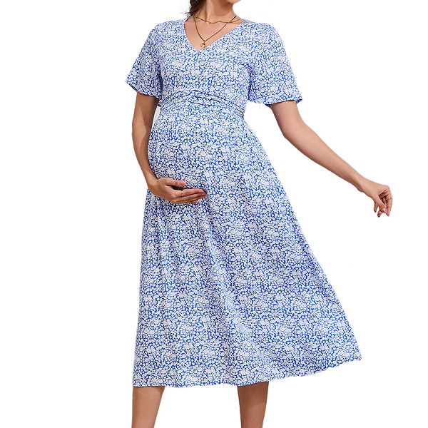 

Платье миди для беременных с V-образным вырезом, плиссированной талией, короткими рукавами и карманами, с цветочным принтом. Clearflower, Blue White Flower