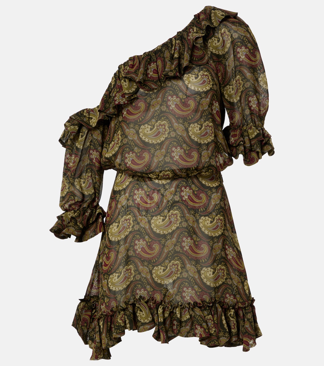 

Мини-платье на одно плечо с оборками Saint Laurent, Vert Bordeaux