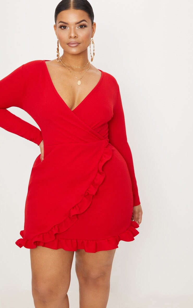 

PrettyLittleThing Красное платье Plus с запахом и рюшами, Красный, PrettyLittleThing Красное платье Plus с запахом и рюшами