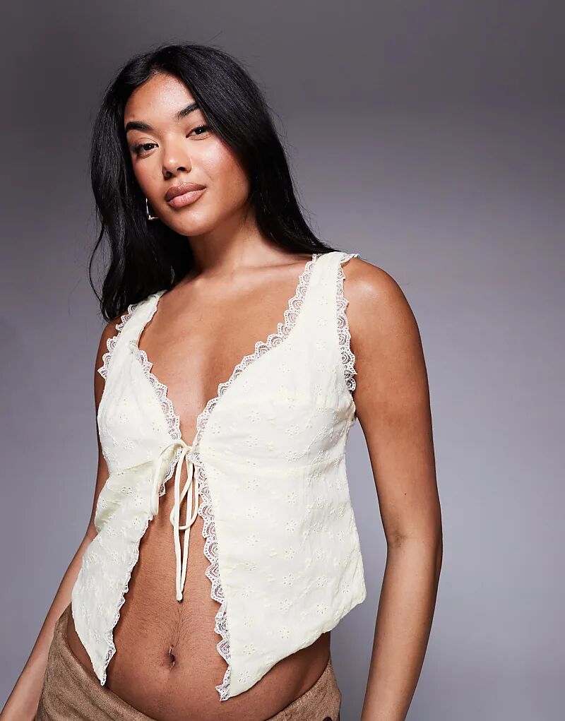 

Топ принцессы Полли Меррель с отделкой из фестончатого кружева, завязками и разрезом спереди, желтого цвета