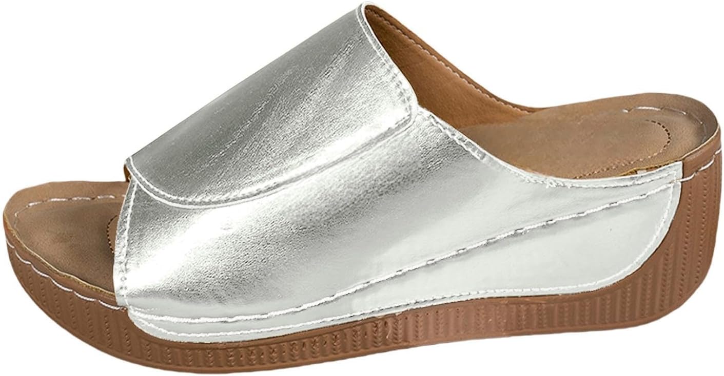 

Летние сандалии для женщин с широкой колодкой, на платформе и танкетке, дышащие с открытым носком, удобные тапочки с поддержкой свода стопы, легкое надевание, повседневная обувь для прогулок, свадебные и вечерние туфли Generic, серебро