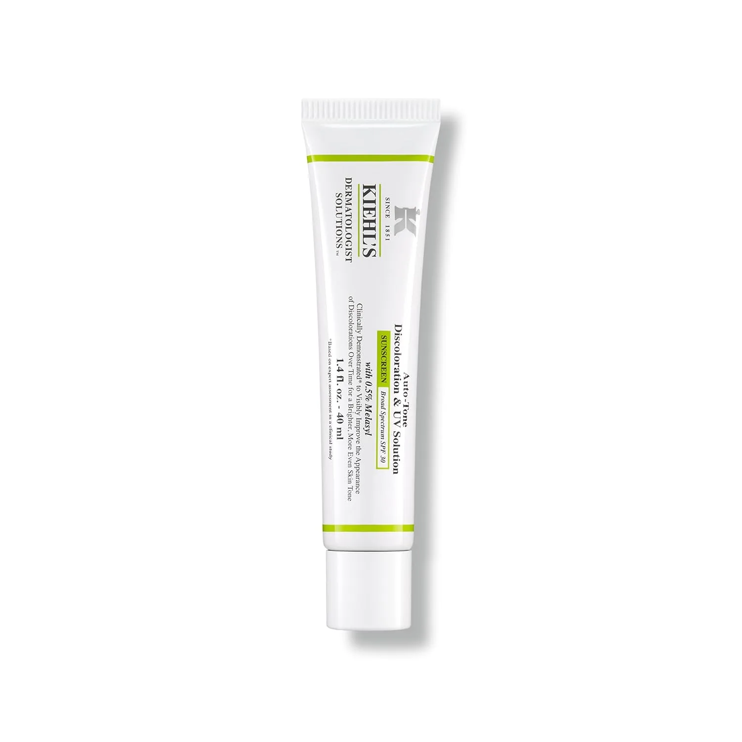 Сыворотка-корректор цвета Kiehl's Auto-Tone Discoloration & UV Solution с SPF 30, уменьшающая пигментные пятна и защищающая от УФ-излучения, придает коже сияние.