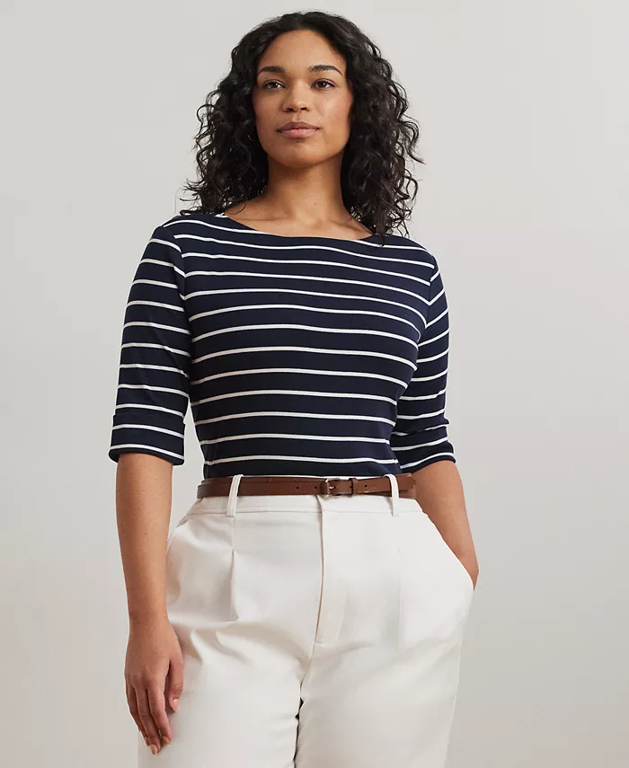 

Футболка из хлопка с полосками и лодочкой Plus Size Lauren Ralph Lauren, мультиколор