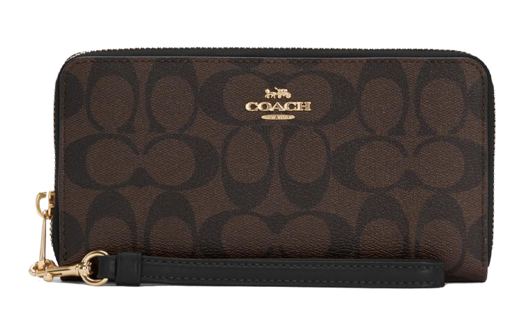 

COACH Сумка-кошелек из канвы с монограммой на молнии и кожаным клатчем, стандартная женская, черно-коричневая, с монограммой