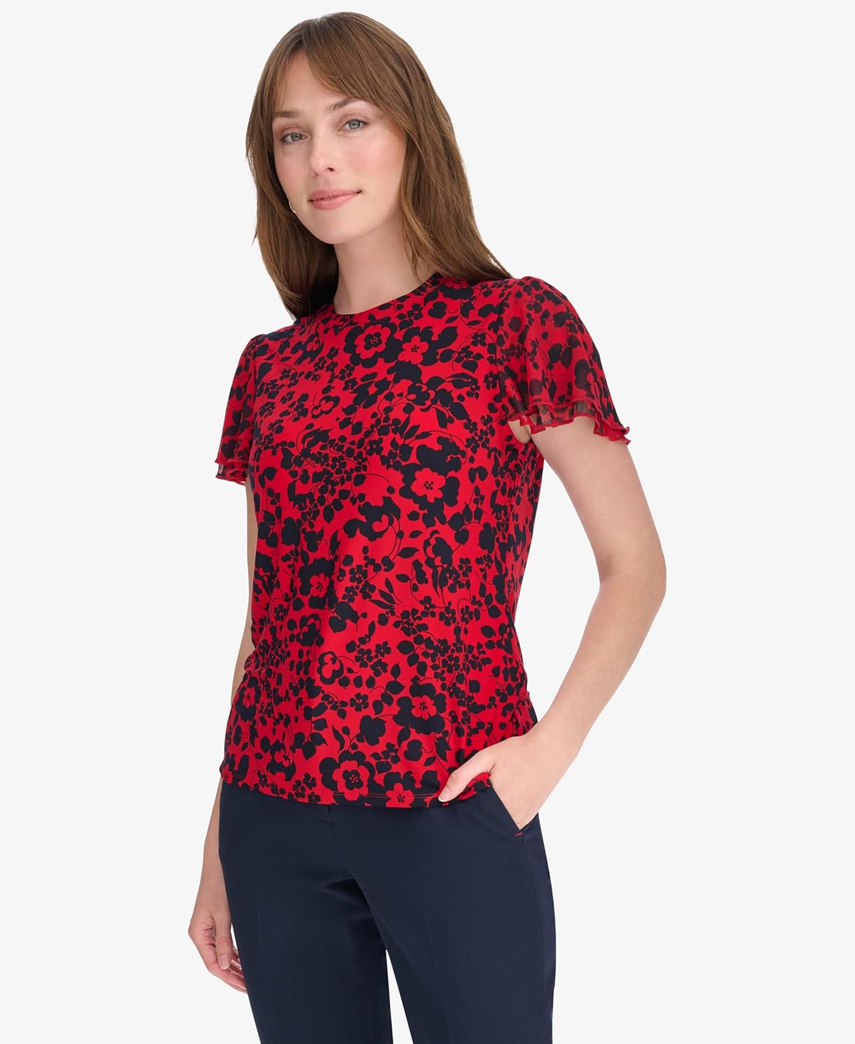 Женский топ с цветочным принтом и рукавами-крылышками от Tommy Hilfiger, Scarlet/Midnight — фото 2