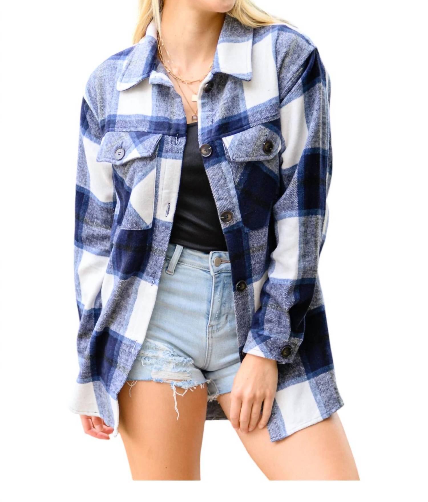 

Джейн клетчатая рубашка-куртка с воротником и пуговицами в темно-синем цвете KORI