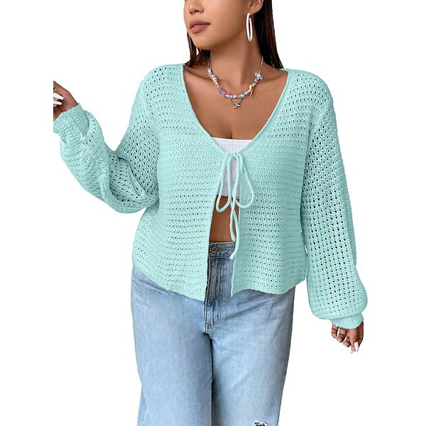 

Женский кардиган плюс сайз с ажурной вязкой и завязкой спереди Maxxis Merch, Aqua