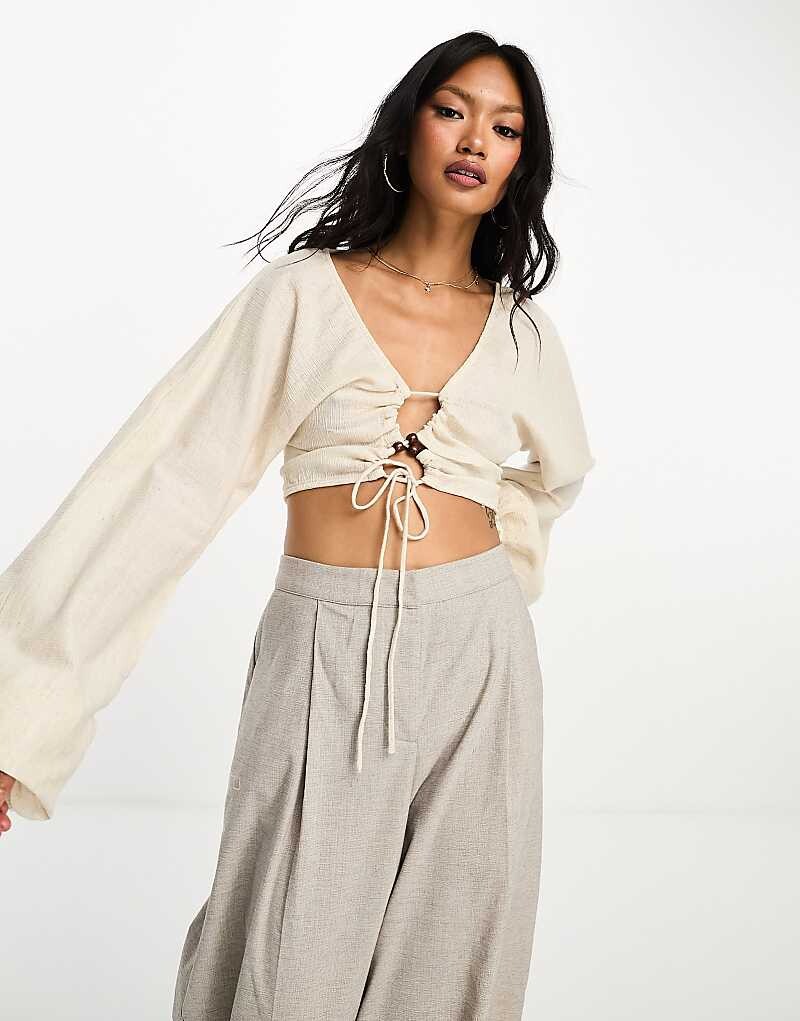 

ASOS DESIGN – Голубой топ с рюшами, длинными рукавами и шнуровкой