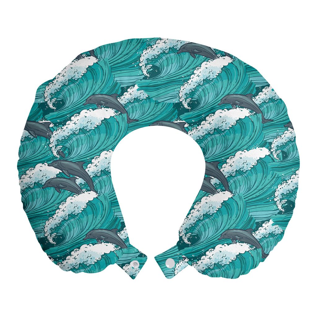 

ABAKUHAUS Sea Animals Travel Pillow Подушка для шеи, Surfing Doodle Dolphins, пенопластовые дорожные принадлежности для самолета и автомобиля, 30x30 см, угольно-серый, бирюзово-белый