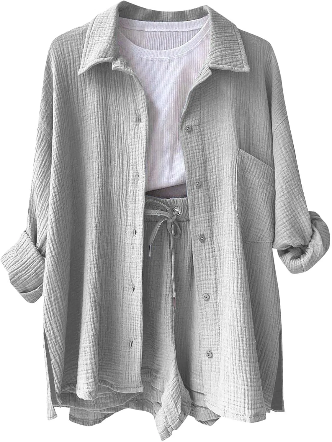 Блуза с длинным рукавом, боковыми разрезами, Light Grey