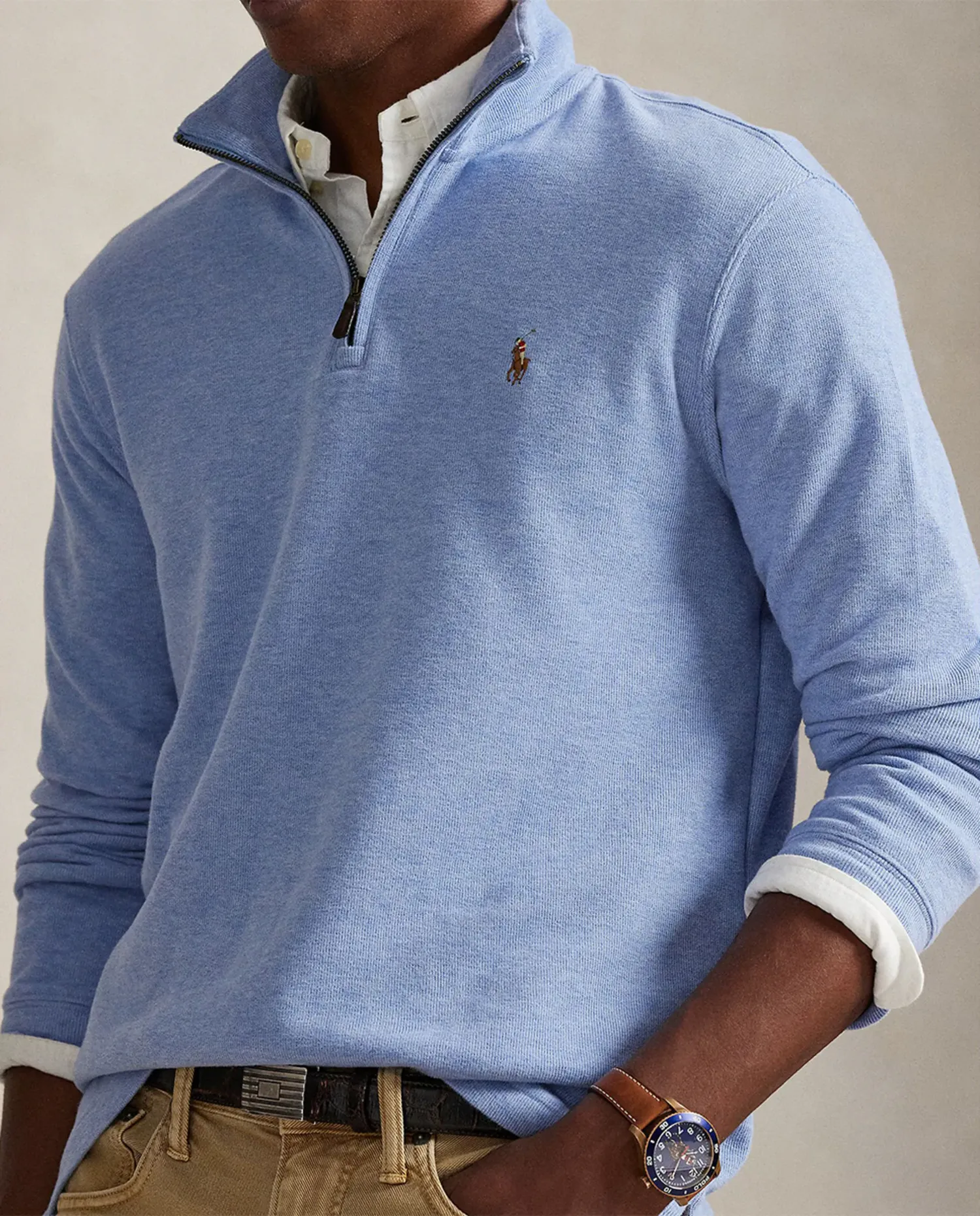 Мужской хлопковый свитер с воротником на половину молнии Polo Ralph Lauren, светло-голубой — фото 3