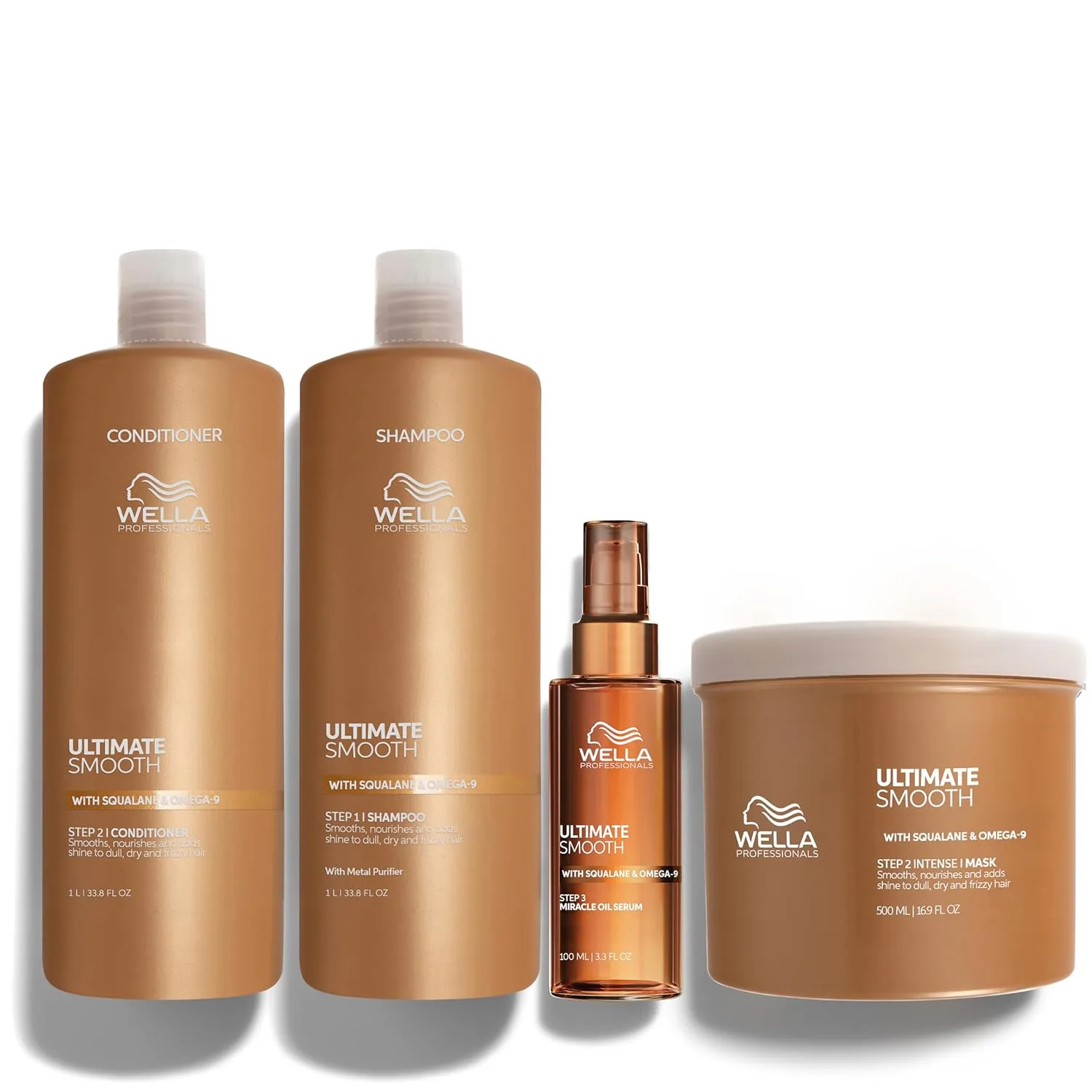 Wella Professionals ULTIMATE SMOOTH шампунь, кондиционер, маска и сыворотка Miracle Hair Oil, набор 4 шт, уход за сухими и непослушными волосами, питание, разглаживание и шелковистый блеск, термозащита 2596 мл (1 шт.)
