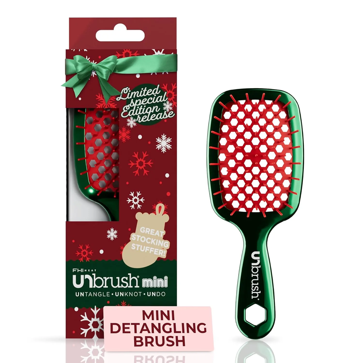 Мини-щетка для волос UNbrush Mini Holiday Hair Brush для безболезненного расчесывания всех типов влажных и сухих волос. Fhi Heat, Holly Green