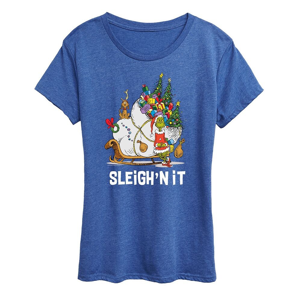 

Женская футболка с рисунком Dr. Seuss The Grinch Sleigh'n It Licensed Character, цвет Heather Royal Blue