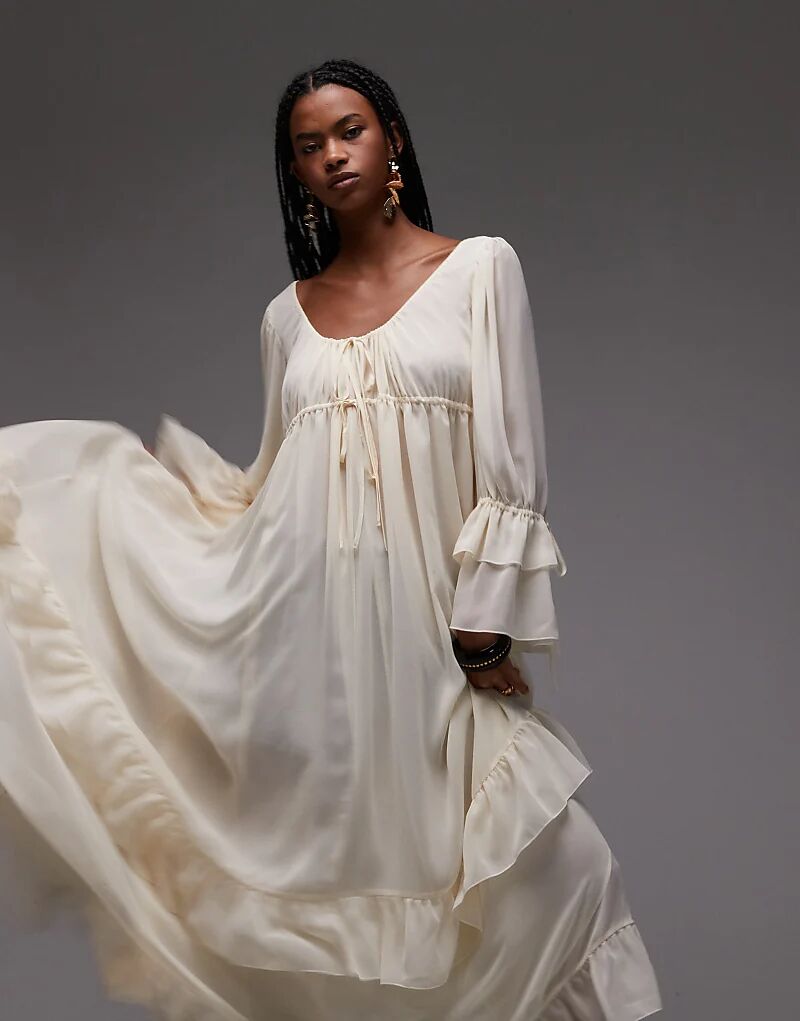 

Платье макси ASOS DESIGN из мягкого шифона с завязками спереди цвета экрю