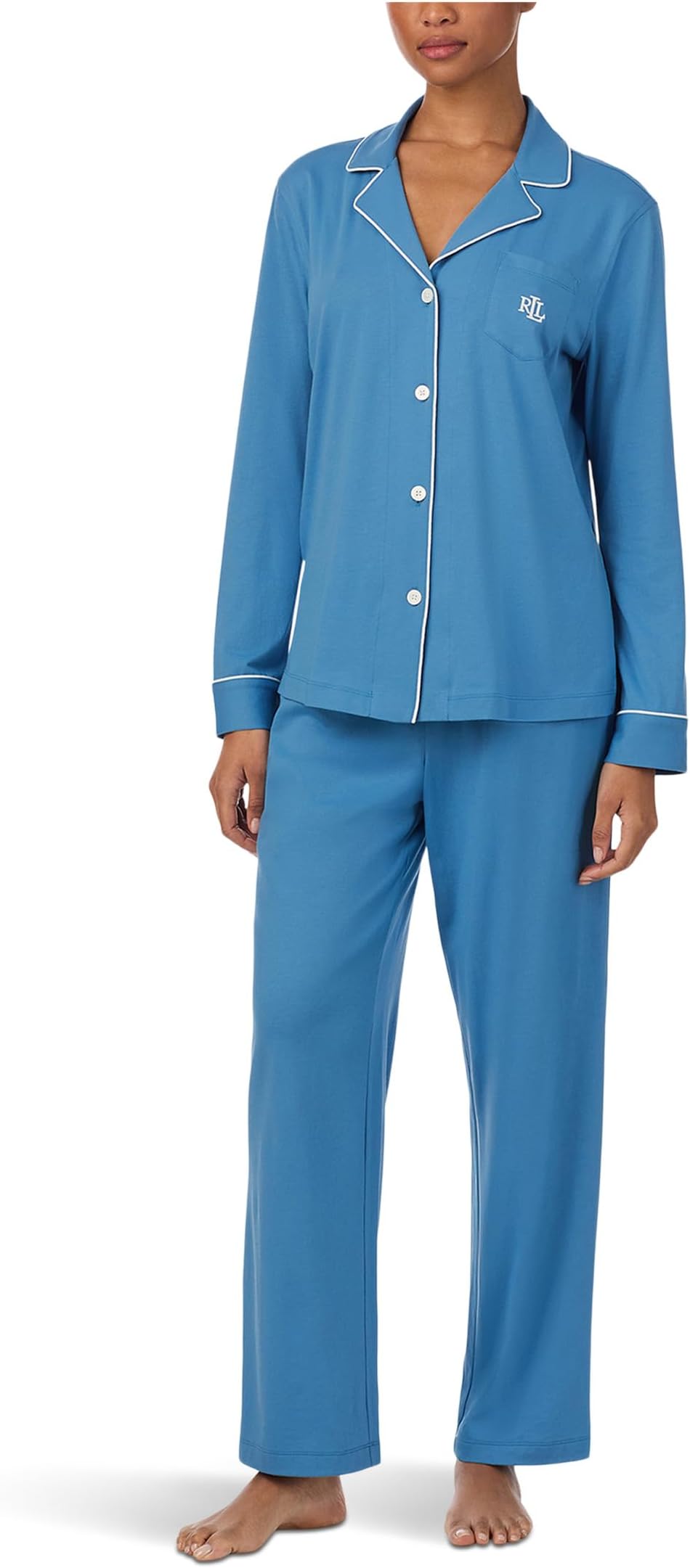 

Пижама Lauren Ralph Lauren Knit Long Sleeve Notch Collar Long PJ Set, синий