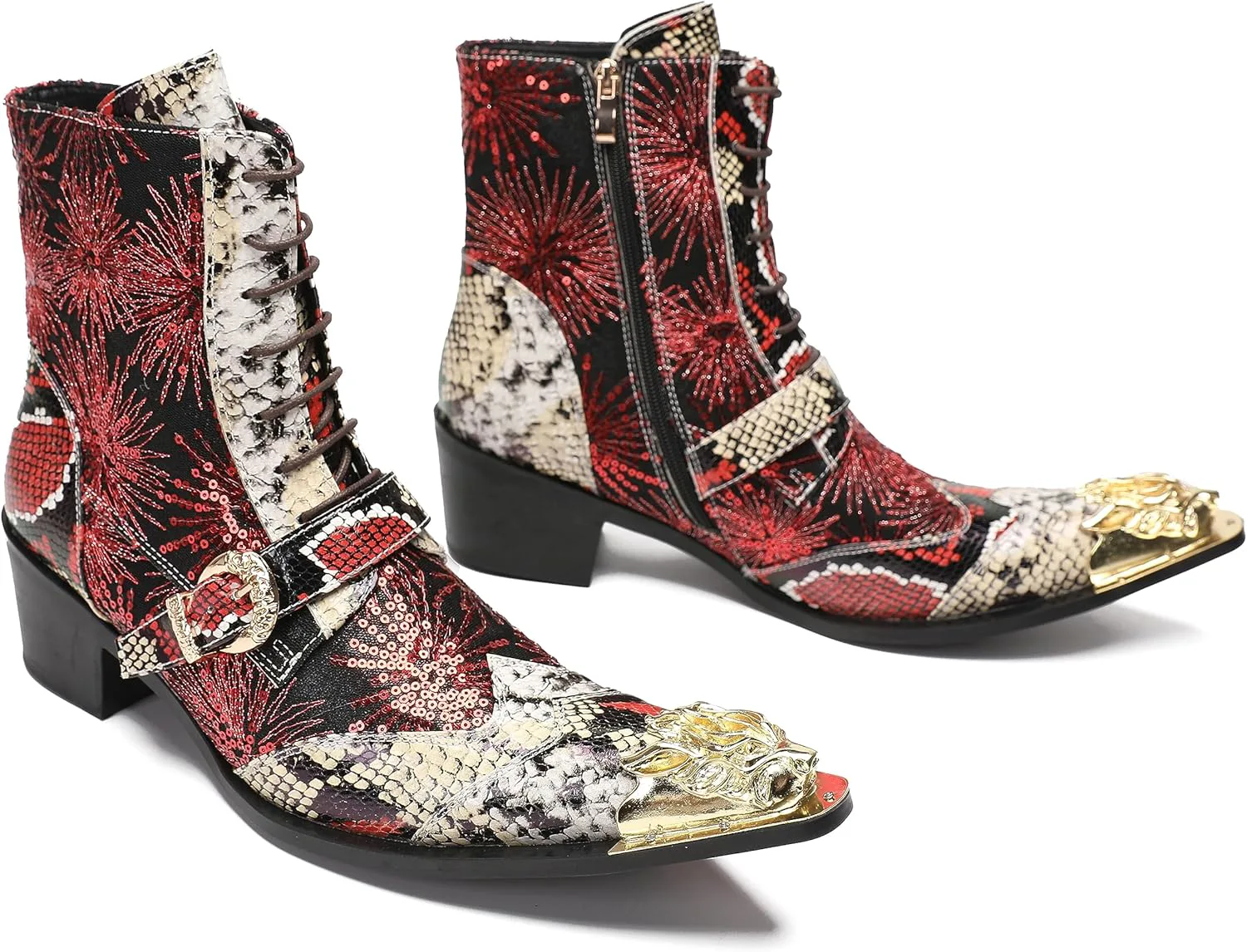 

Мужские повседневные ковбойские ботинки Santimon Mens Dress Casual Western - ботинки средней высоты из натуральной кожи с блестками и металлическим носком в форме крыльев для бальной или диско-вечеринки, красный